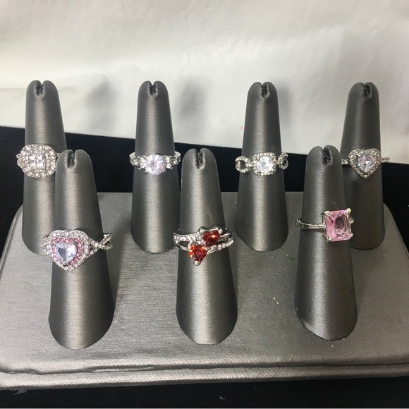 Jewelry - Lot of 7 Silver Toned Fashion Jewelry Rings Size 7 8 CZ Love Heart pink red